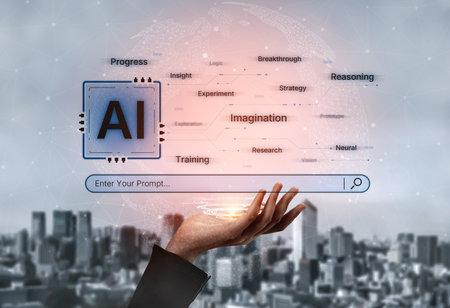 A concept of cognitive AI that highlights its creative and strategic processes. The system uses imagination, reasoning, and research to generate new ideas and strategies from user prompts.の写真素材