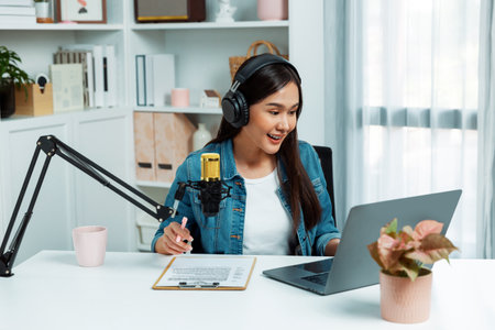 Host channel influencer talking in broadcast streaming online wearing headset on social media live...
