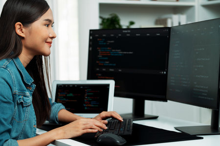 Young Asian IT developer typing online information on pc with coding program data for a website...