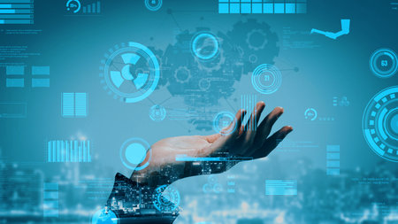 A captivating representation of a human hand holding a digital interface, surrounded by intricate data visualizations and technological elements, symbolizing innovation.の写真素材