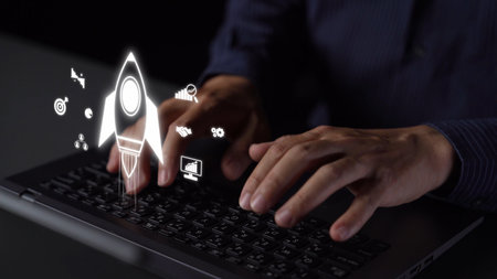 Startup launch and business growth concept, rocket symbolism, entrepreneurship, startup innovation, and early-stage success strategies for new business development and expansion.の写真素材