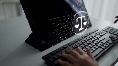 Futuristic digital law interface displaying justice scale, highlighting digital law, AI compliance,...