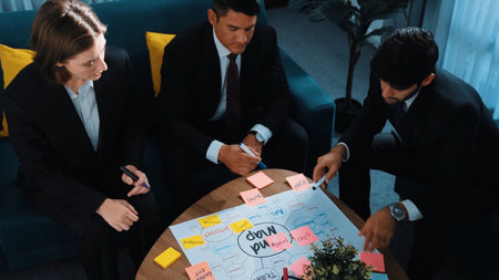 Top view of skilled businessman write marketing idea and drawing mind map while project manager...