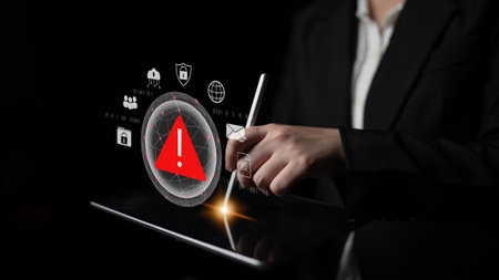 Red warning triangle representing a cybersecurity threat or data breach alert, surrounded by digital security and network protection icons, symbolizing cyber risk awareness Parseの写真素材