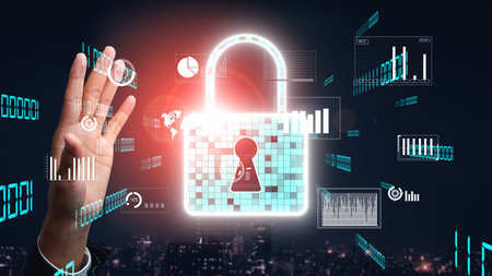 Engaging image depicting the concept of cyber security featuring a glowing padlock and a hand...