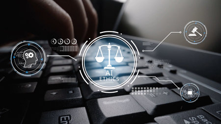 AI is transforming society, raising important ethics questions. Ethics in AI design ensures fairness. AI ethics promote responsible decisions. Balancing AI power with strong ethics is essential.の写真素材