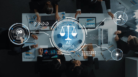 A top-down view of diverse professionals discussing AI ethics in a corporate setting, emphasizing the importance of responsible innovation and balanced decision-making. Rasterの写真素材
