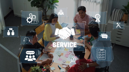 A diverse group of professionals engages in a collaborative meeting to discuss service strategies. Visual icons highlight communication, support, and innovative ideas. Rasterの写真素材