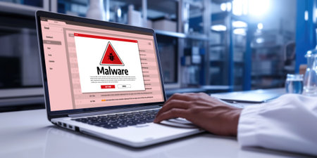 Cyber attacking concept. Malware alert showing on computer screen display scam and threat detection on computer system or online server to be removed brisk.の素材
