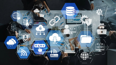 Cloud computing, cloud strategy, and cloud technology transforming digital infrastructure with scalable services, secure data storage, and cloud-based digital business solutions.の写真素材