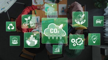 A diverse group of people engage in a meeting to discuss sustainability and strategies for reducing carbon emissions, surrounded by green eco-icons. Rasterの写真素材