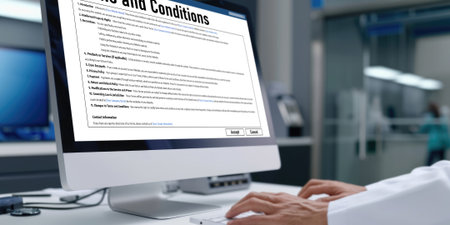 Digital legal contract provide terms and conditions document on computer screen ready for online digital signature for deal agreement of future business briskの素材