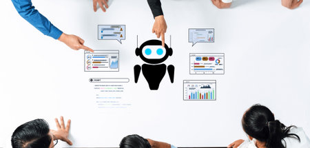 A diverse business team collaborates using chatbot technology and data visuals on a table,...