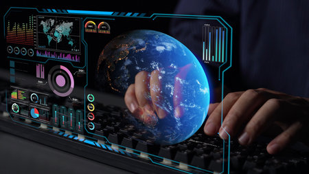 High-tech global network connection interface showing worldwide digital communication, data...