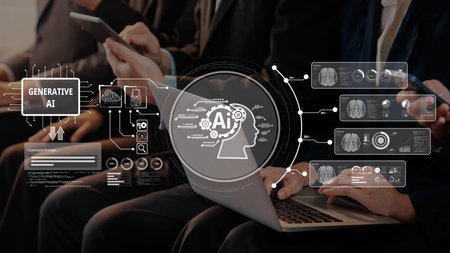 A group of business professionals exploring generative AI concepts in a conference setting,...
