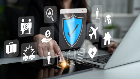 Various insurance icons like travel, health, home, and car protection connected to a central blue...