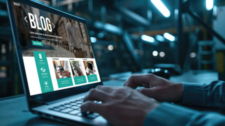 blogging concept, web blog Social Media Information network brisk. social media online content, freelance worker, working online, content creator, blogger, website, reading blog online on computerの素材