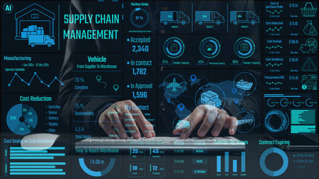 Explore a dynamic interface showcasing essential supply chain management metrics for warehouses,...