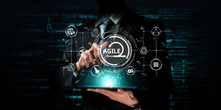 A businessman interacts with a digital tablet displaying an agile framework and AI elements,...