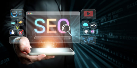 Explore a vibrant SEO strategy concept showcasing digital analytics, ranking tools, and marketing...