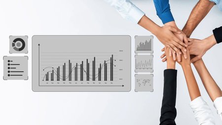 A diverse team collaborates in a business setting, focusing on data analysis and growth trends....