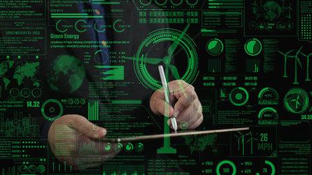 A business professional analyzes green energy data on a tablet amid a digital background featuring...