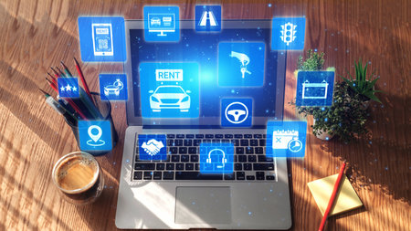 Online car rental service with booking, GPS, key handover and vehicle sharing icons representing...