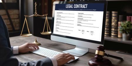 Digital legal contract provide terms and conditions document on computer screen ready for online digital signature for deal agreement of future business briskの素材