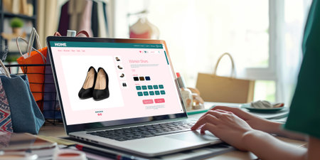 Online shopping screen on internet marketplace browsing for sale items for modern lifestyle and use credit card for online payment from wallet protected by brisk cyber security softwareの素材