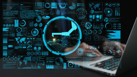 This image features a robotic arm interacting with a digital interface, showcasing data...