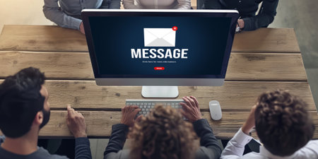 Email notification message showing on computer screen brisk. Digital marketing message information text from business to customer clientの素材