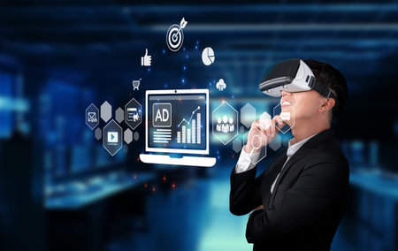 A businessman wearing virtual reality goggles engages with digital marketing concepts, exploring...