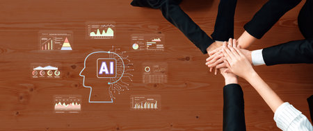 A business team collaborates with artificial intelligence for data-driven strategy development,...
