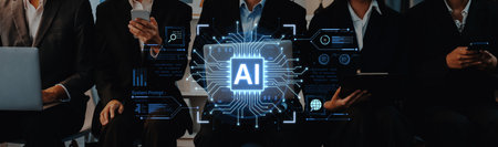 A futuristic AI core processor and system analytics dashboard. This concept highlights the raw processing power of AI for deep data analysis, system diagnostics, and global network monitoring.の写真素材