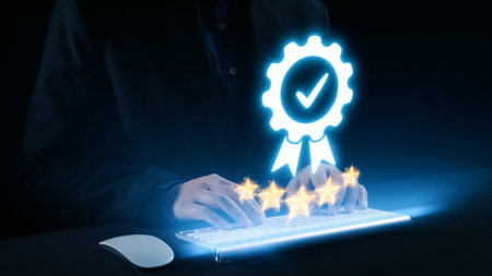 A close-up view of hands typing on a sleek keyboard, accompanied by a glowing digital badge and five stars, symbolizing trust and quality in online services.の写真素材