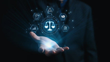 Futuristic digital law interface displaying justice scale, highlighting digital law, AI compliance, digital law systems, and digital law regulations for secure governance. Elideの写真素材