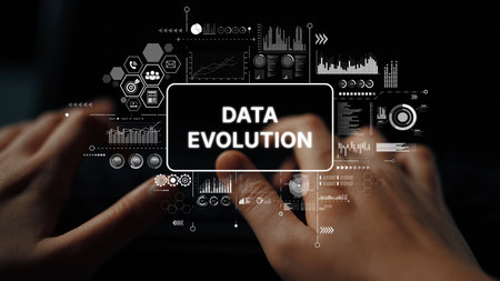 Hands Typing on Keyboard with Digital Graphics Illustrating Data Evolution and Technology Progress. Asymptotic smart data analytic.の写真素材