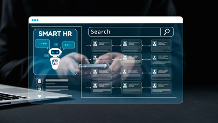 This image showcases a modern human resource management system powered by AI technology, featuring a digital interface for efficient user profile searches and management tasks.の写真素材