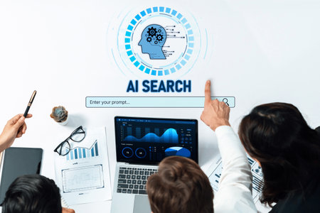 Professionals collaborating in an office setting, focused on AI search technology, data analysis, and innovative brainstorming for effective solutions.の写真素材