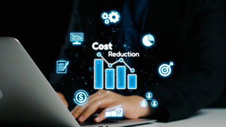 A businessman evaluates cost reduction strategies using advanced financial graphs and interactive...