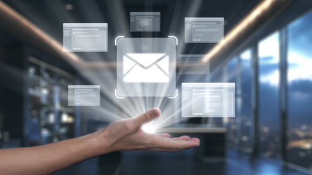 A digital hand reaches out towards floating email icons in a sleek office environment, representing...