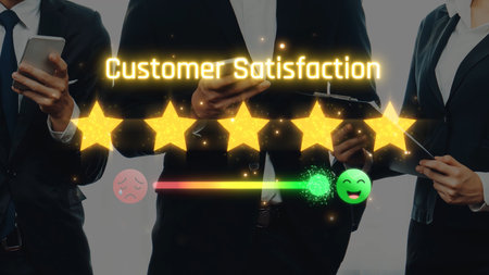 A visual representation of customer satisfaction featuring a business team using mobile devices with glowing stars and emoticons. Ideal for conveying feedback themes. Rasterの写真素材