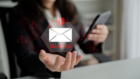 Digital warning mail interface highlights email threat detection, security monitoring, and proactive prevention of phishing and malware intrusions. Parseの写真素材