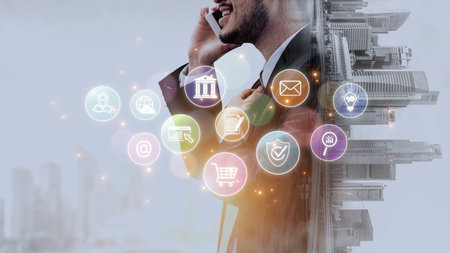 Set of business and digital service icons representing finance, cloud, analytics, email, communication, ecommerce, cybersecurity, and global connectivity in a modern ecosystem Marrowの写真素材