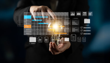 Digital visualization of multiple project timelines with progress tracking, documents, and team...