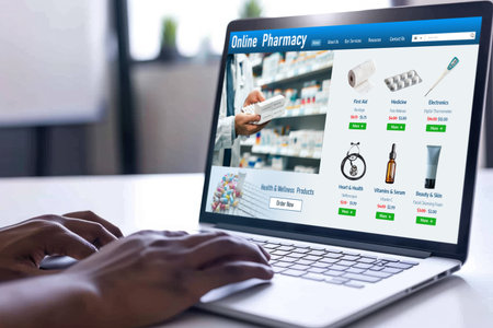 on pharmacy online store on computer screen for shopping for medical products drugs and medicine briskの素材