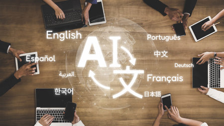 Global communication with multiple languages, digital translation tools, multilingual technology, cross-cultural communication, and virtual language learning environments.の写真素材