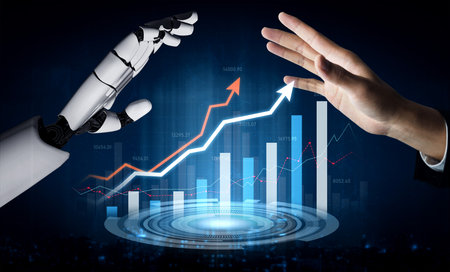 A human hand and a robotic arm symbolize collaboration in business growth, surrounded by digital...