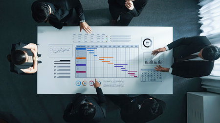 A project management dashboard for business. The interface features a Gantt chart to visualize the project timeline, task scheduling, and overall progress for efficient workflow.の写真素材