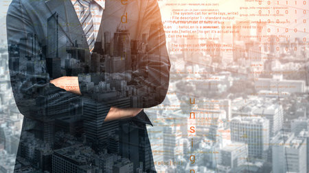 A confident professional man stands with crossed arms, overlooking a bustling city skyline. Digital data overlays convey themes of business, technology, and innovation.の写真素材